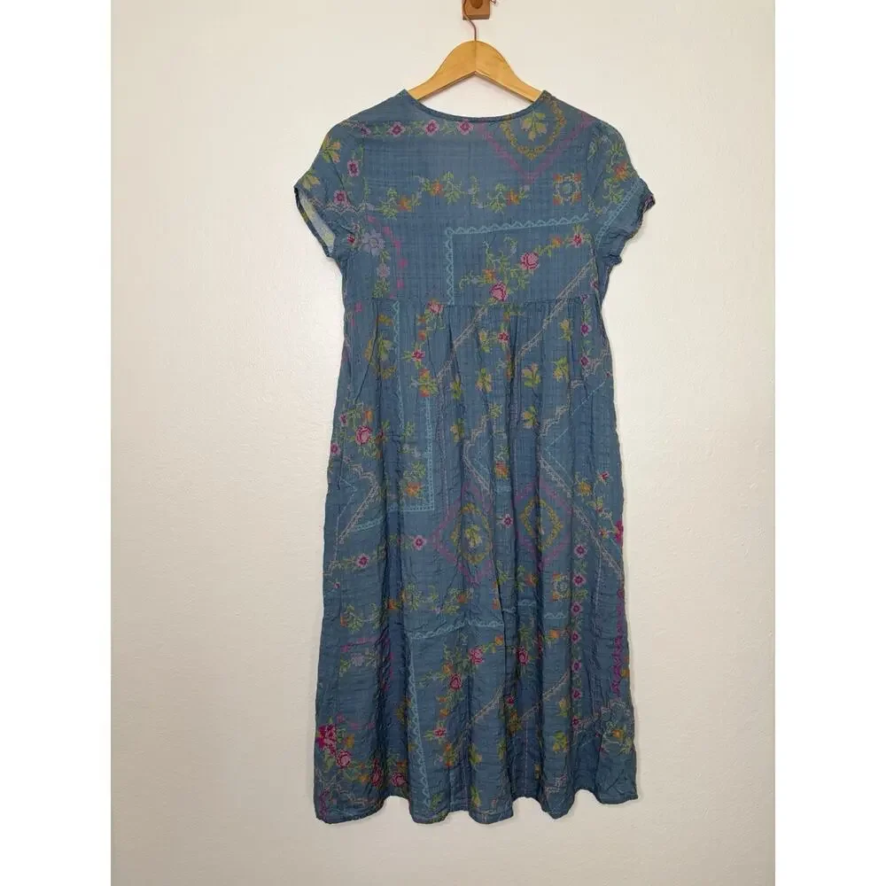 Natural Life Avery Midi Heirloom Cross Stitch Blue Dress Size Medium Boho Chic - Picture 3 of 3